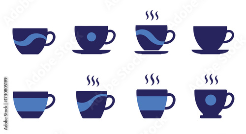 A collection of stylized blue coffee or tea cups in various forms