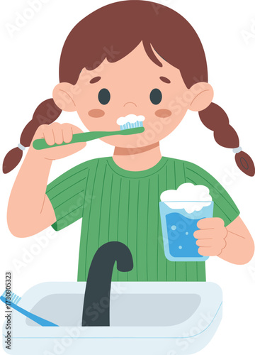 Cartoon illustration of little girl brushing teeth, holding glass of water, daily dental care routine, child practicing oral hygiene, bathroom sink background
