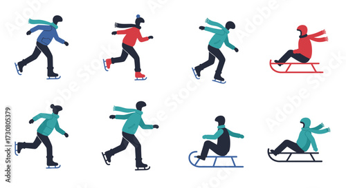 People enjoying winter activities including ice skating and sledding outdoors