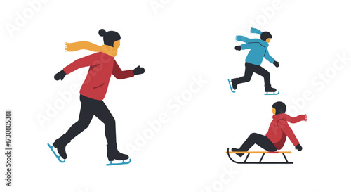 People enjoying winter activities skating sledding and running in cold weather