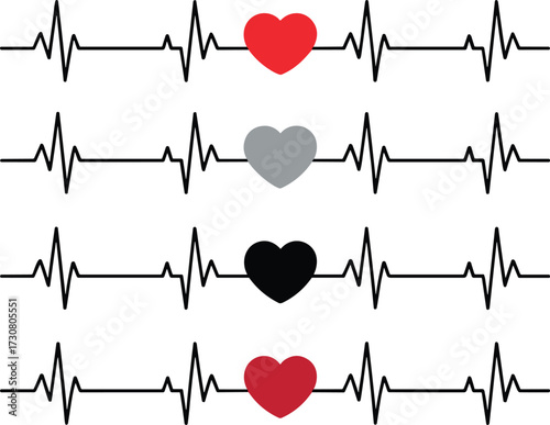 Heartbeat line with colorful heart symbols, medical cardiology vector illustration, ECG monitor design, healthcare and love concept, electrocardiogram graphic artwork