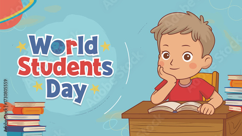 Vector art of young boy sitting at a desk studying for world students day with books and planet illustration
