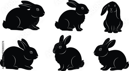 Rabbit silhouette collection, sitting poses, bunny illustration set, animal posture study, black silhouette art, wildlife design, rabbit breed reference, pet artwork