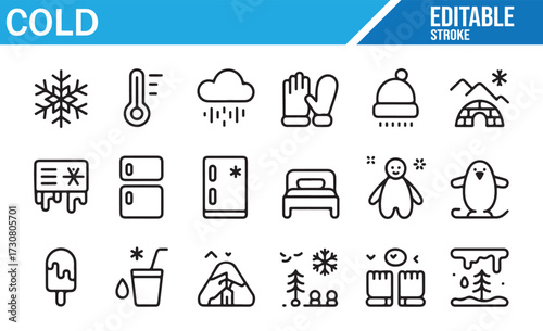 Ice and Snow Icon Collection — Winter Accessories, Cooling Devices, and Nature Symbols