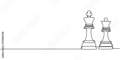 Hand drawn pawn and queen chess piece vector. One line continuous drawing. Board game illustration. Abstract linear silhouette icon. Minimal print, banner, card, wall art poster, logo, sign, symbol.