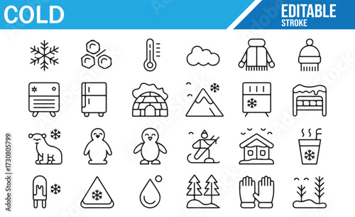 Frost & Freeze Outline Icons — Thermometer, Cloud, Icicles, Polar Bear, Penguin, and Trees