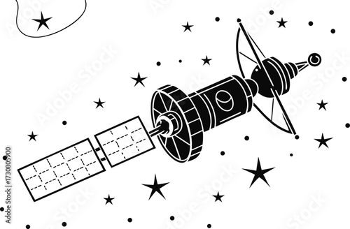 A Cartoon Satellite Drifting Through Space Amongst Stars and Celestial Dust