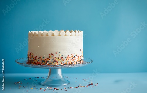 Delicious white frosted cake with colorful sprinkles on a cake stand