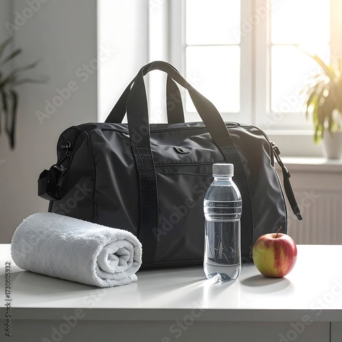 Black gym bag, water bottle, towel, and apple on white table by a window