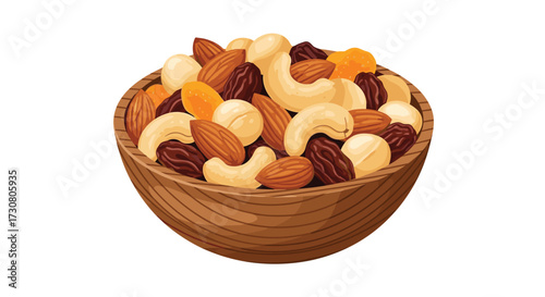 A delicious mix of assorted nuts and dried fruits in a wooden bowl.