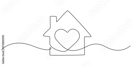 Family house in continuous line art drawing style. Love home concept. Suburban home minimalist black linear sketch isolated on white background. Vector illustration.