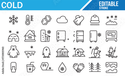 Editable Stroke Cold Icons — Weather, Temperature, Frost, Heater, Refrigerator, and Ski Elements