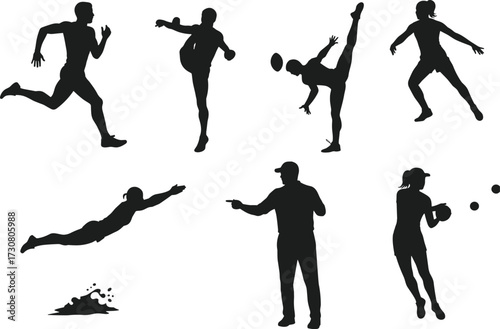 Athlete and performer silhouette, running, soccer, martial arts, frisbee, diving, juggling, coaching, physical activity, black figures, vector illustration, sports icons