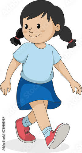Cute cartoon girl walking happily, child in blue skirt and red shoes, kids activity vector illustration, childhood lifestyle concept, school student design