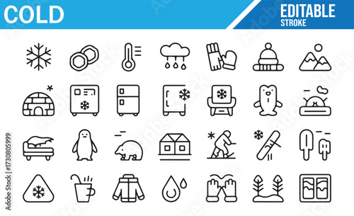 Winter & Cold Line Icons — Snow, Ice, Thermometer, Gloves, Hat, Freezer, and Polar Symbols