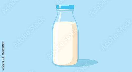 A clear glass bottle filled with creamy white milk and topped with a blue lid.