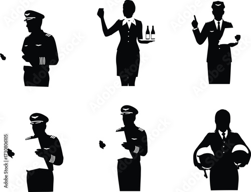 Aviation crew silhouette, pilot and flight attendant roles, airline staff vector, professional uniforms, flight operations, teamwork, black figures, occupational icons