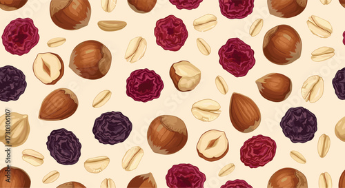 A vibrant and detailed background of various nuts and dried berries.