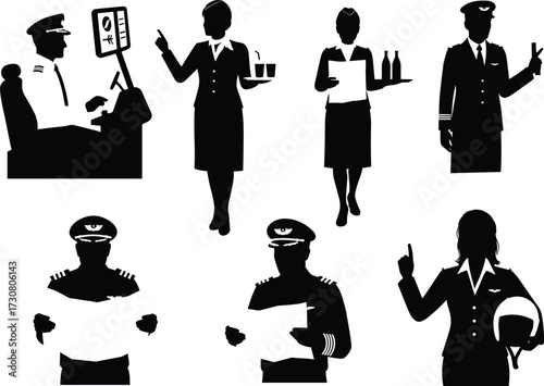 Aviation crew silhouette, pilot and flight attendant roles, flight operations, vision test, map reading, helmet pose, teamwork, vector illustration, black figures