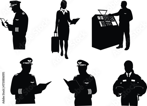 Aviation professional silhouette vector set, pilot, technician, business traveler, control panel, uniform, airport roles, black icons, air travel operations