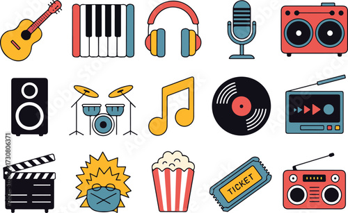 Colorful and playful illustration of musical instruments entertainment and cinema elements
