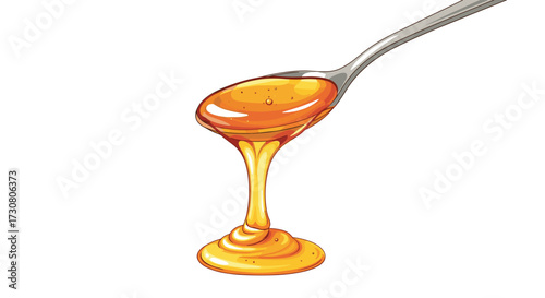 Liquid gold honey dripping from a metal spoon onto a white background.