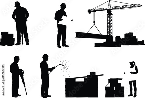 Construction workers, crane lifting beam, jackhammer operation, welding sparks, site inspection, modern technology, silhouette vector, industrial labor, building process, equipment usage