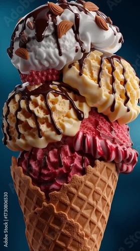 Tasty vanilla with chocolate nut and peach raspberry or strawberry cherry ice creams in wafer cone. Delicious sweet milk candy berry balls