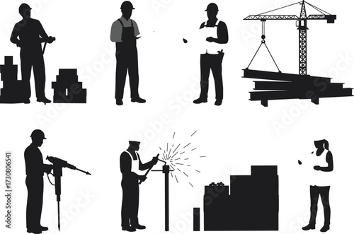 Construction workers, silhouette vector, crane lifting, jackhammer operation, welding sparks, site inspection, modern tools, building process, industrial labor, occupational roles, teamwork