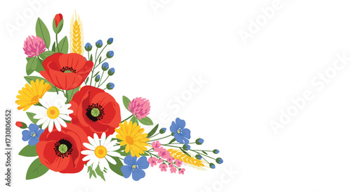 A vibrant corner bouquet filled with red poppies daisies and other wildflowers.