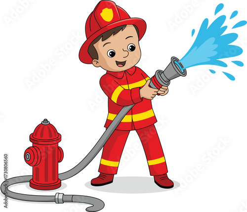 Cute little boy firefighter cartoon illustration, child in fireman uniform spraying water, fire hydrant hose vector design, kids safety education concept, emergency rescue theme