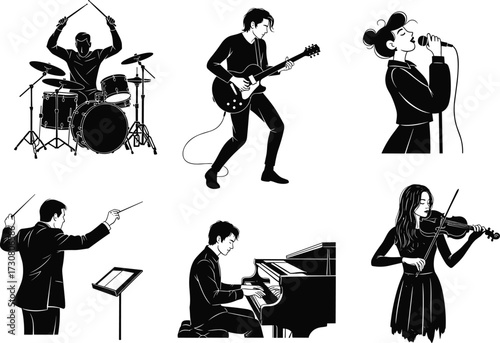 Drummer playing drums, guitarist performing, singer with microphone, conductor leading orchestra, pianist at grand piano, violinist in action, music ensemble, silhouette vector