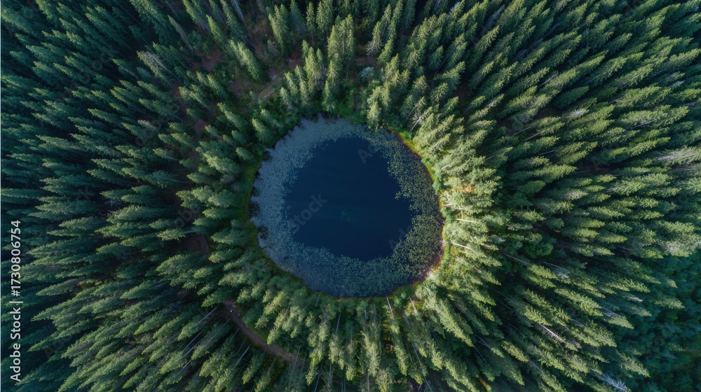 Obraz premium A beautiful round lake is framed by dense rows of tall green trees. The sunlight reflects off the waters surface showcasing natures tranquility.