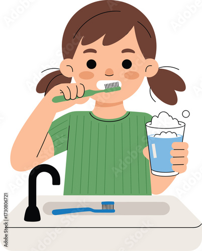 Cute little girl brushing teeth at sink, holding glass of water, dental hygiene routine illustration, healthy child oral care vector cartoon design
