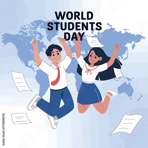 Vector art of two happy students jumping in the air with papers flying around, celebrating world students day with world map background