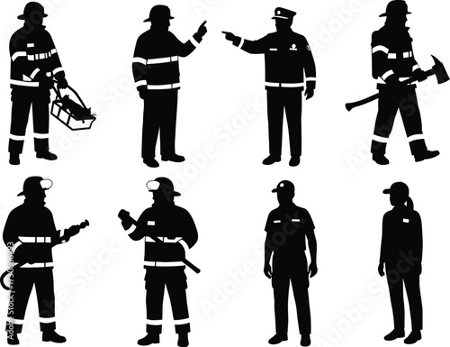 Emergency responders, firefighter silhouette, police officer vector, public safety team, rescue tools, uniformed personnel, black figure illustration, emergency service concept