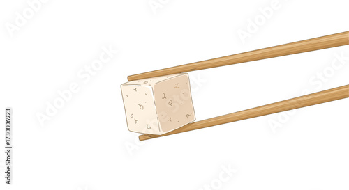 A piece of tofu held by wooden chopsticks against a white background.