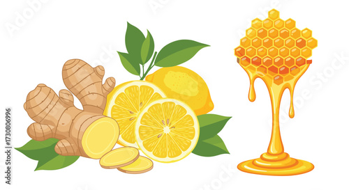 Ginger lemon and honey for natural health and wellness remedies.