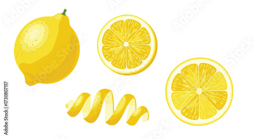 Whole lemon citrus fruit with two slices and a spiral peel.