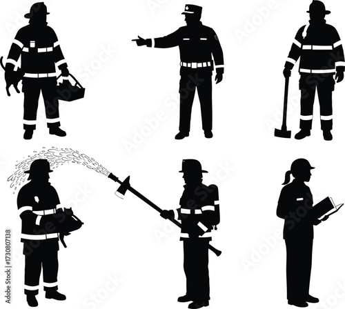 Firefighter silhouette, emergency response team, rescue operation, fire hose action, safety gear, black uniform vector, public service, training, documentation