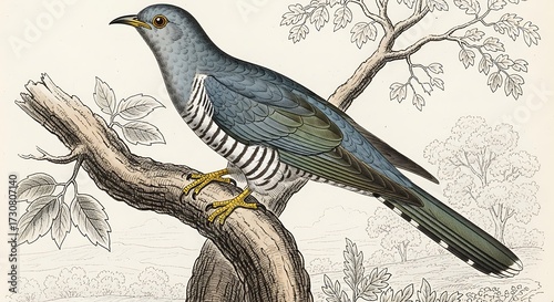 Illustration of a cuckoo bird perched on a tree branch isolated on white background