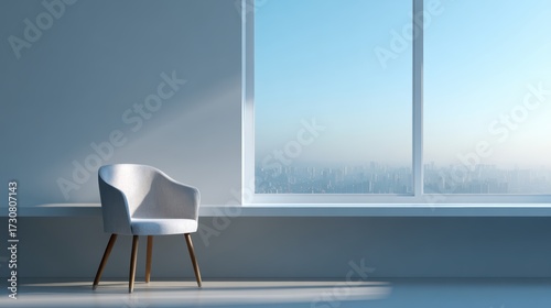 A minimalist office background with a clean desk, a chair, and a large window with a city view.