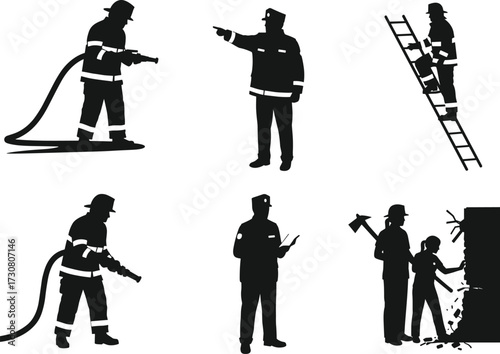 Firefighter silhouettes in action, hose spray, ladder climb, emergency response, rescue teamwork vector, fire safety illustration, professional firefighting concept