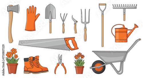 A collection of various gardening tools and supplies for outdoor activities.