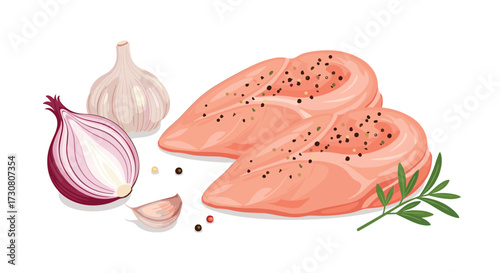 Juicy grilled chicken breast with herbs and spices prepared for cooking.