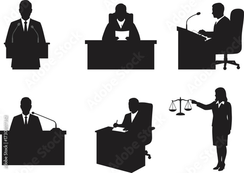 Legal professional silhouette, courtroom speaker, justice symbol, public testimony, formal desk scene, law concept, black vector figure, legal role illustration