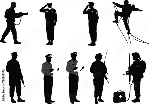 Military and law enforcement silhouettes, soldier with rifle, officer salute, rope training, tactical gear vector, defense illustration, armed forces concept