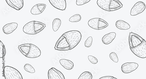 An abstract sketch of numerous almond shaped objects scattered across a white background.