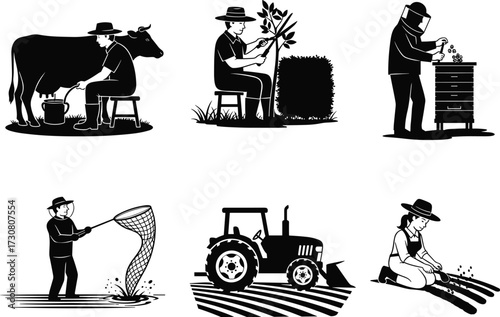Milking cow, harvesting plants, beekeeping activity, fishing with net, tractor plowing field, planting seeds, rural farming, agriculture work, silhouette vector