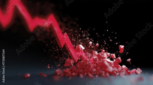 The visual representation of a stock market crash, with a red graph line plummeting and cryptocurrency symbols shattering into pieces.